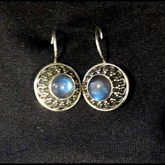 VINTAGE Blue Moonstone Cabochon Sterling Silver Oxidized Earrings - Picture 7 of 10